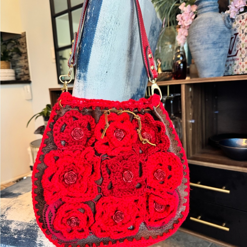Red Floral Crochet Women's Bag